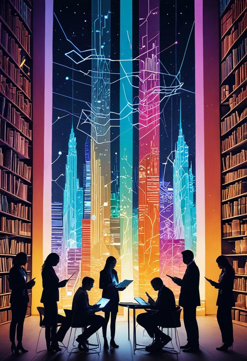 A captivating collage showcasing a group of diverse researchers engaged in lively discussions, surrounded by stacks of books and journals. Flowing graphs and charts emerge from the pages, symbolizing the dissemination of knowledge and insights. Bright light beams illuminate the scene, reflecting the breakthrough ideas fostered through peer-reviewed research. Elements of technology like tablets and digital screens subtly integrated. vibrant colors. modern digital art.