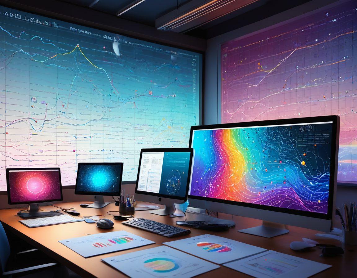 A visually striking infographic showcasing a gradient from data charts to lightbulbs symbolizing discoveries, with magnifying glasses examining research papers scattered around. Incorporate elements like a computer screen displaying algorithms, interconnected nodes, and a dynamic flow of information. The background should suggest a deep ocean of knowledge with subtle waves. super-realistic. vibrant colors. digital art.